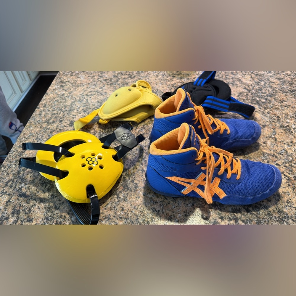 Asics wrestling Shoes in Blue and Orange and Rudis Adidas headsets